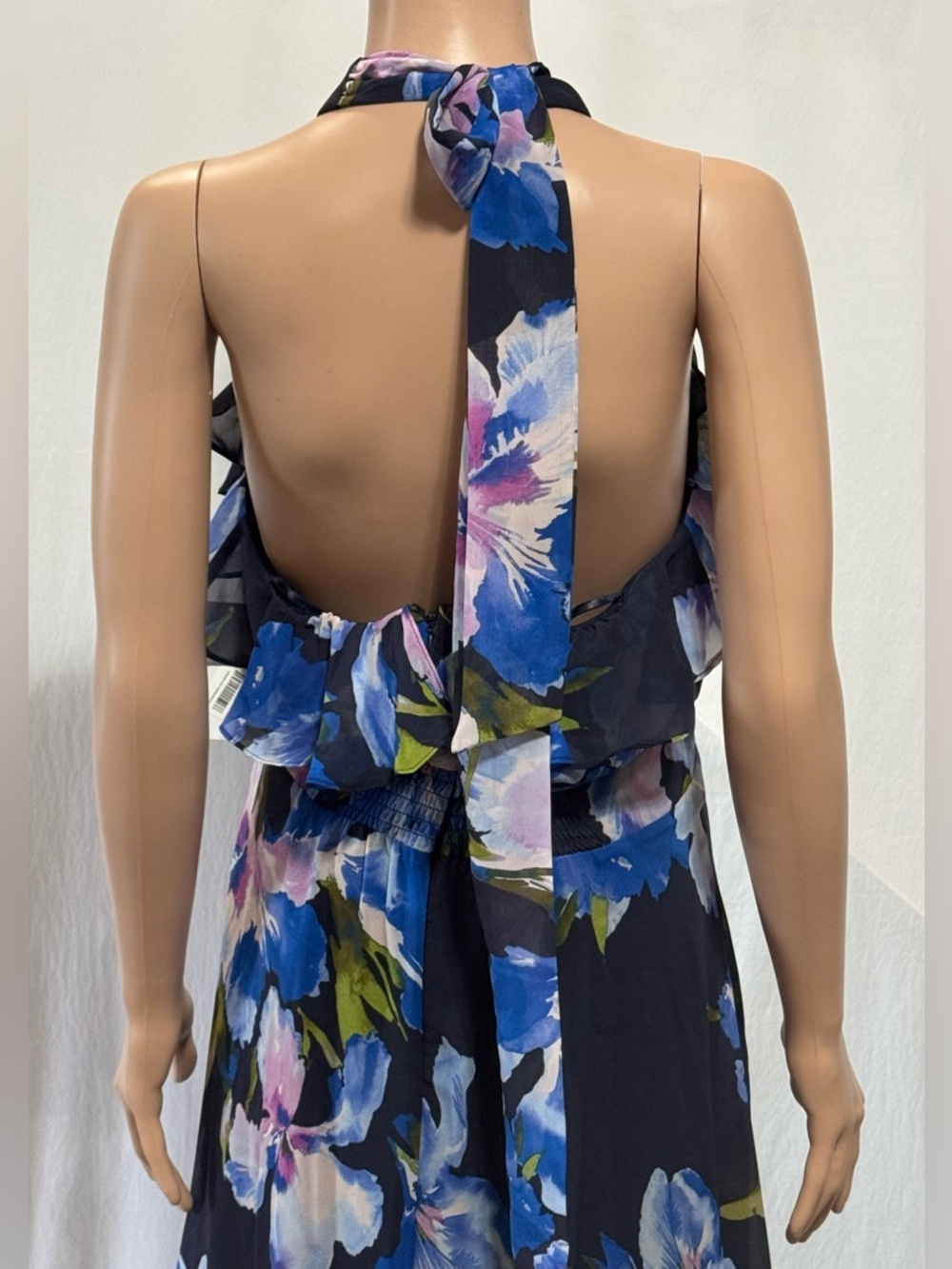 Eliza J Floral Chiffon Halter Maxi Dress Ruffle Neck Navy Multi Size 4 - Picture 10 of 13